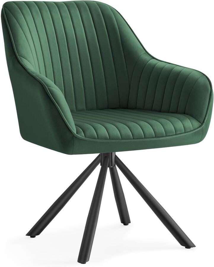 Songmics Eetkamerstoel Keukenstoel Draaibare Fauteuil Fluweel Gestoffeerde Stoel met Armleuningen Draagvermogen tot 120 kg Stalen Poten voor Eetkamer Keuken Groen-Inkt Zwart