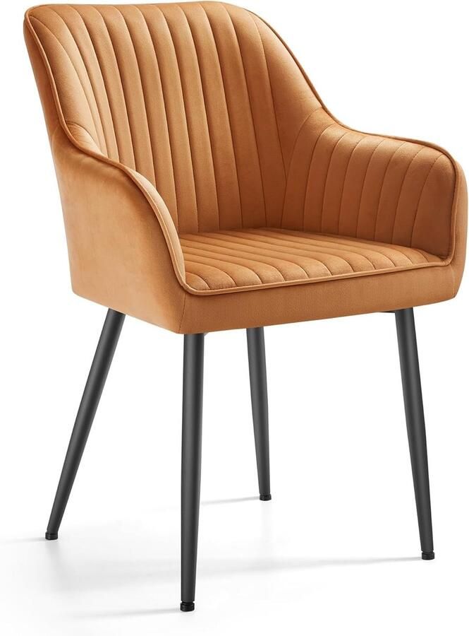 Songmics eetkamerstoel keukenstoel fauteuil fluweel gestoffeerde stoel met armleuningen fauteuil draagvermogen tot 120 kg metalen poten voor eetkamer keuken karamelbruin-inktzwart