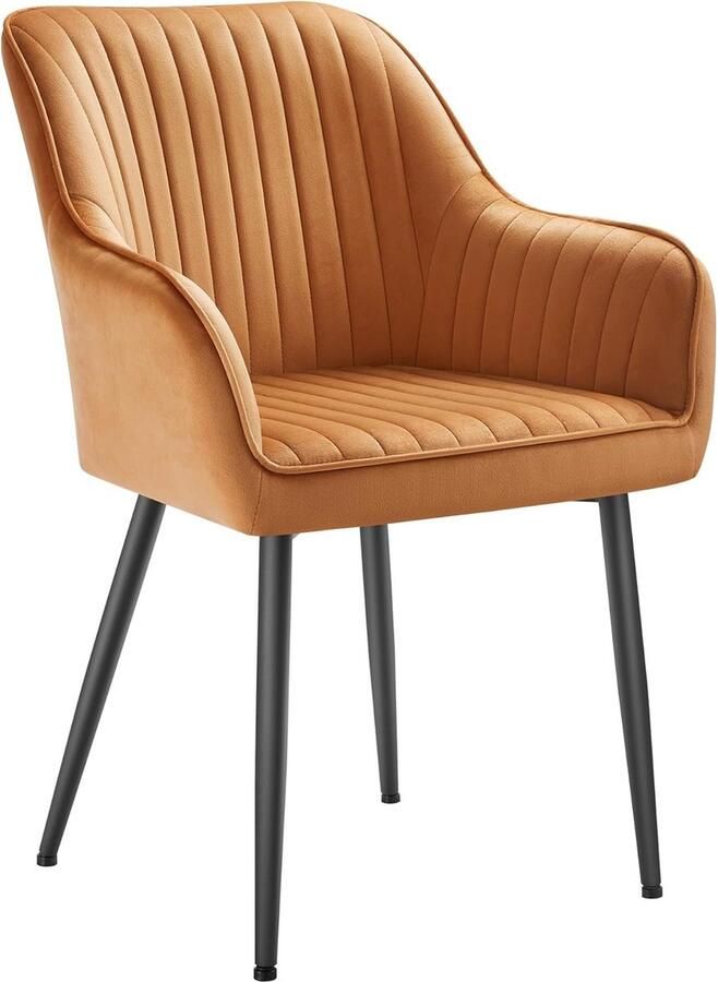 Songmics Eetkamerstoel keukenstoel fauteuil fluweel gestoffeerde stoel met armleuningen loungestoel tot 120 kg belastbaar metalen poten voor eetkamer keuken karamelbruin-inktzwart