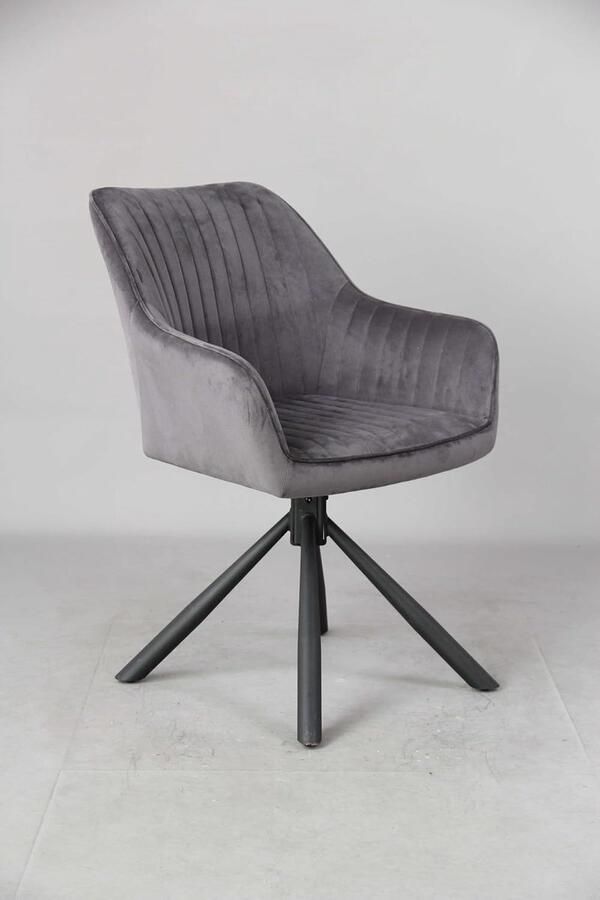 Songmics Eetkamerstoel keukenstoel stoel draaibaar fluweel gestoffeerde stoel met armleuningen tot 120 kg belastbaar stalen poten voor eetkamer keuken grijs-inktzwart