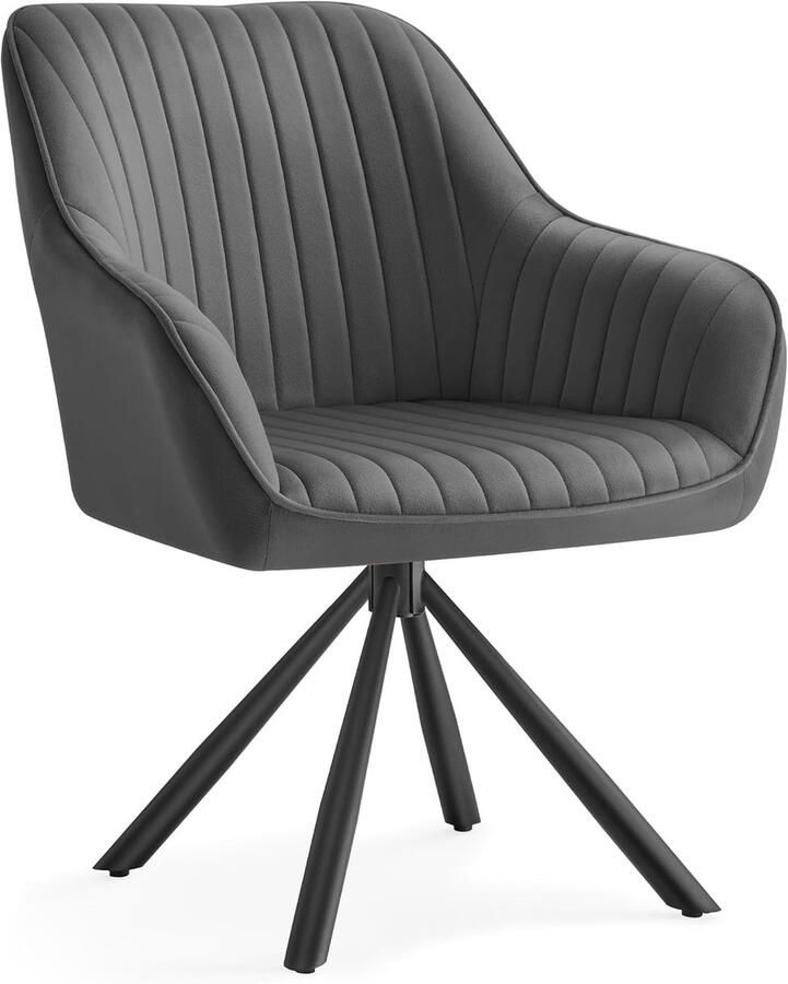 Songmics Eetkamerstoel keukenstoel stoel draaibaar fluweel gestoffeerde stoel met armleuningen tot 120 kg belastbaar stalen poten voor eetkamer keuken grijs-inktzwart