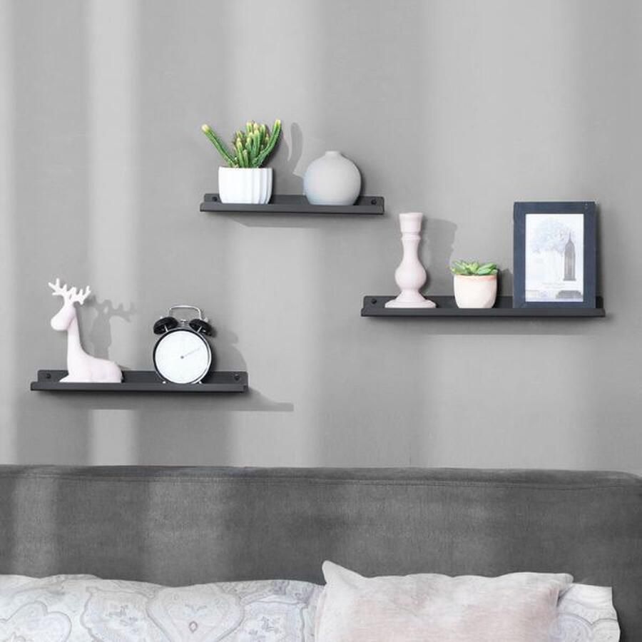 HMTM SONGMICS wandrekken van metaal set van 3 zwevende rekken industriële vormgeving wandplaten voor decoratie fotolijstjes met 6 schroeven voor de bevestiging van de rekken verschillende indelingen zwart HMFS12BK