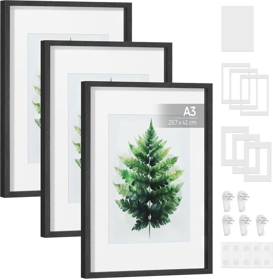 Songmics Fotolijsten set van 3 fotolijsten voor A3 A4 foto's met matten galerijlijsten voor muur of tafel kunstdisplay glas MDF 43 4 x 31 1 cm aszwart