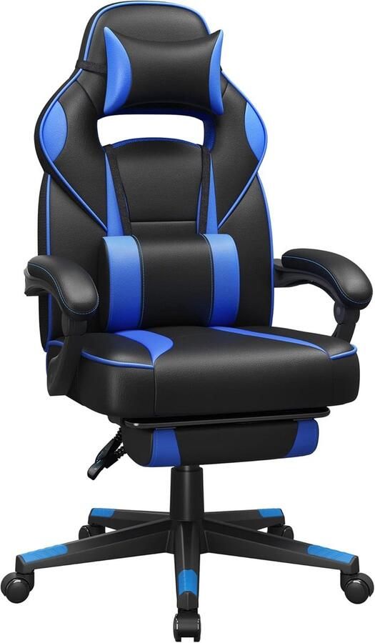Songmics Gamingstoel verstelbare bureaustoel met telescopische voetensteun ergonomisch hoofdsteun lendensteun belasting 150 kg zwart en blauw OBG073B04
