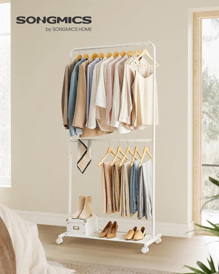 Songmics HSR027W01 Kledingrek met dubbele stang op wielen metalen kledingstang voor slaapkamer 91 cm lang met opbergplank 2 vergrendelbare wielen bovenste stang tot 20 kg wit