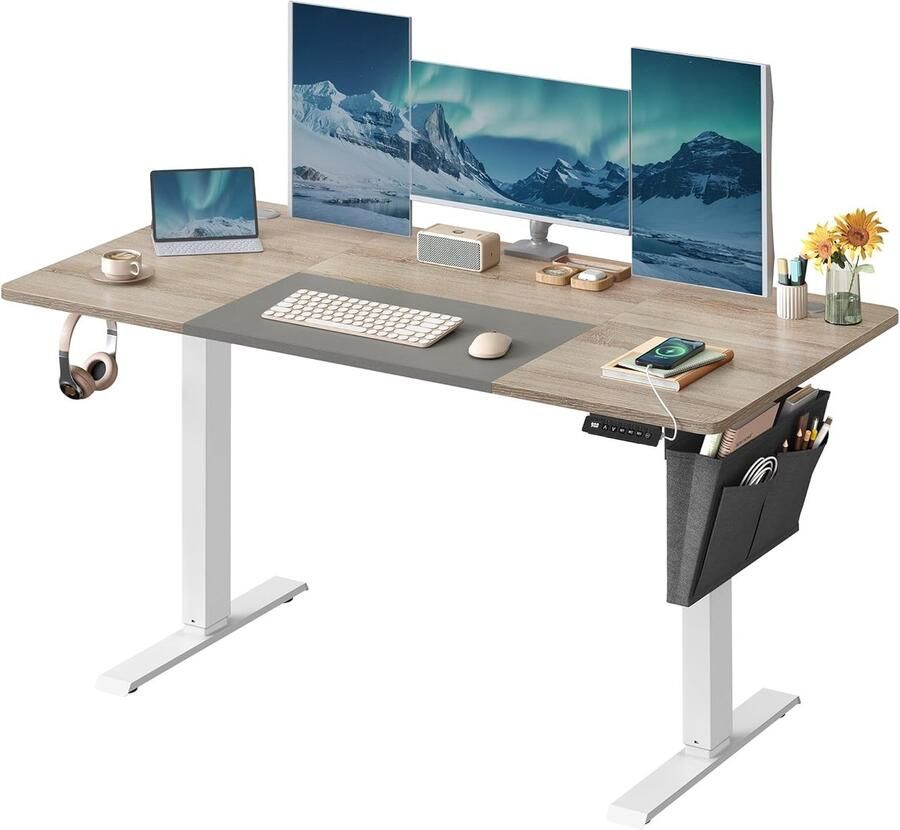 Songmics In hoogte verstelbaar bureau elektrisch 60 x 140 x (72-120) cm traploos verstelbaar gesplitste plaat geheugenfunctie met 4 hoogtes basiswit-greige LSD016H01