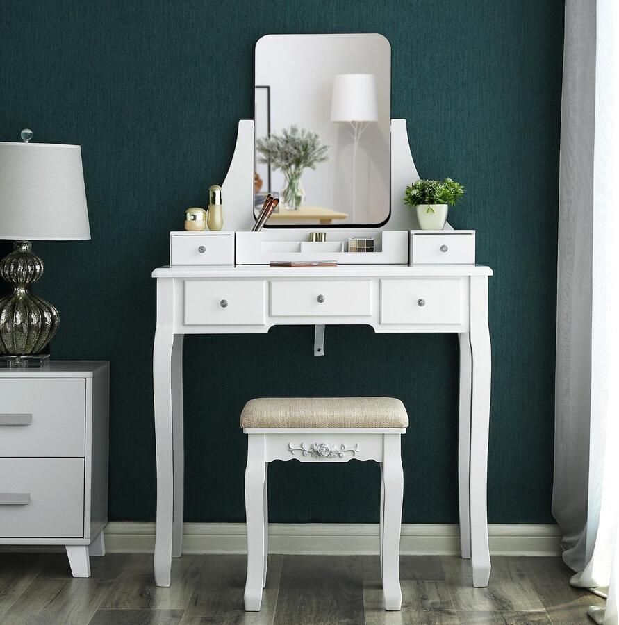 Songmics Kap tafel Boston – Make-up Tafel Voor Vrouwen – Witte Kaptafel Met Spiegel