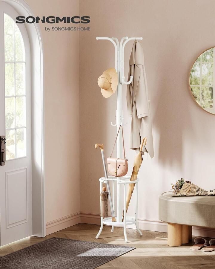 ‎SONGMICS Kapstok Vrijstaand Kapstok met Parapluhouder 12 Haken Metaal 175 cm Hoog voor Entree Gang Woonkamer Slaapkamer Parelwit