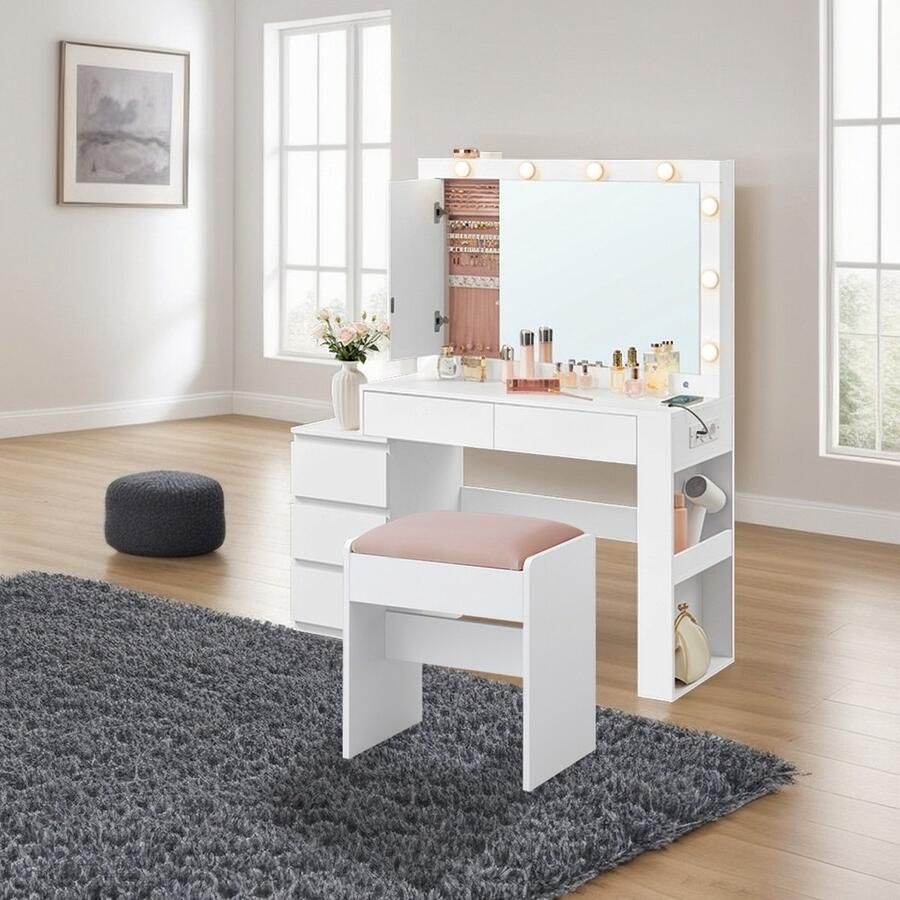 Songmics Kaptafel Met LED-Verlichting En Spiegel – Sieradenkastje Geïntegreerd