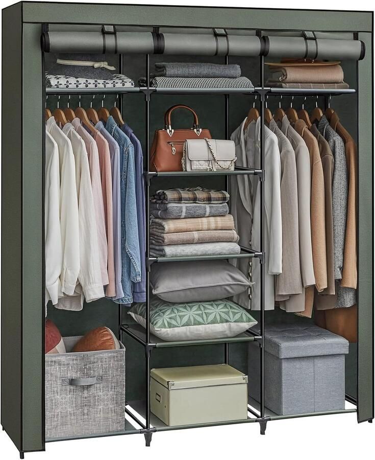 Songmics Kledingkast stoffen kledingkast opvouwbare kledingkast met kledingstangen kledingrek opslag tassen schoenen slaapkamer kleedkamer 45 x 150 x 175 cm saliegroen