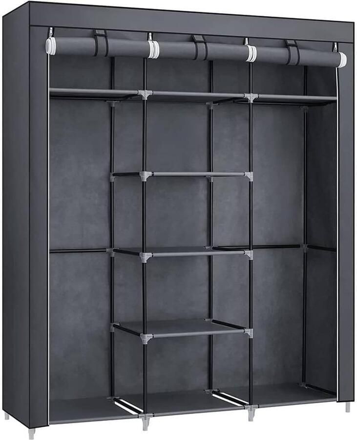 Songmics Kledingkast vouwkast stoffen kast opvouwbare garderobe met 2 kledingstangen 175 x 150 x 45 cm grijs