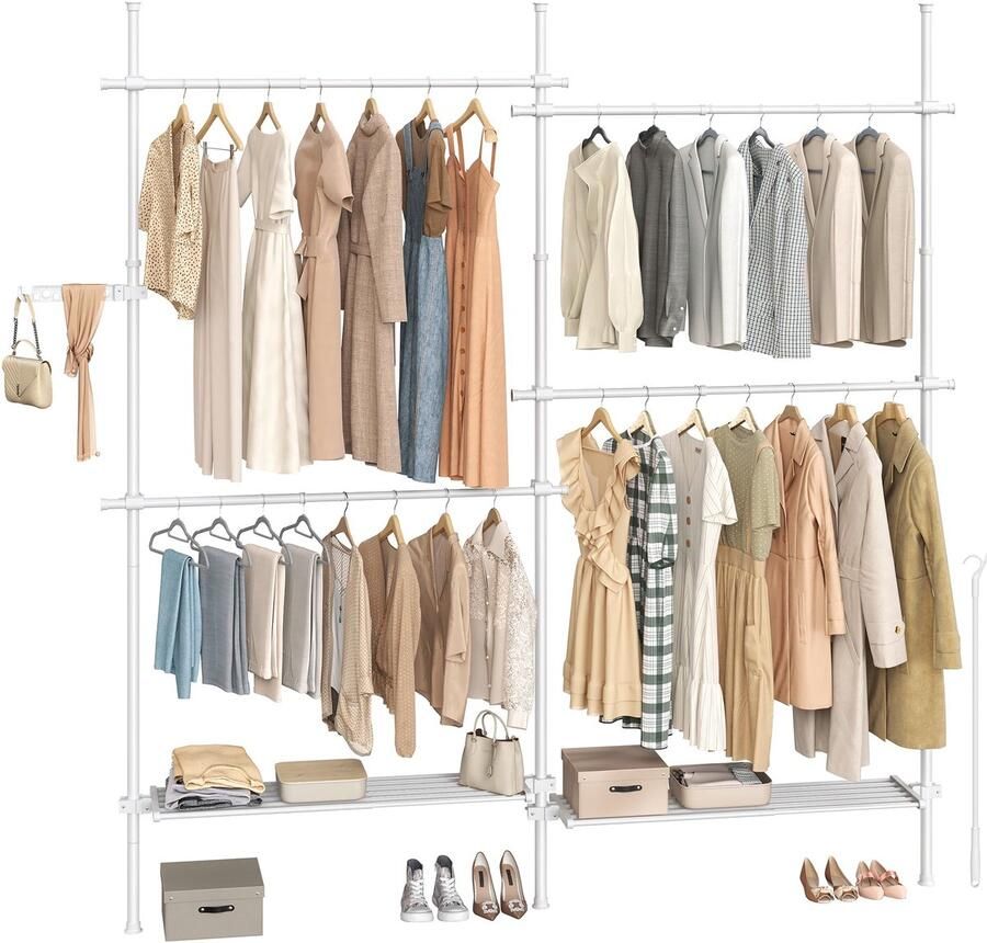 Songmics Kledingrek aan het plafond 3-traps garderobe in hoogte en breedte verstelbaar open kledingkast met afneembare planken garderobe grijparm mat wit