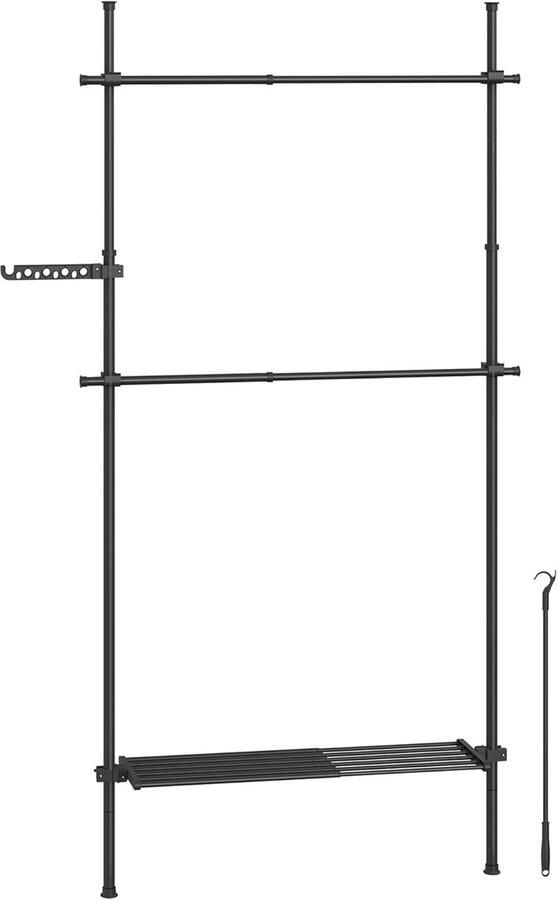 Songmics Kledingrek aan het plafond 3-traps garderobe in hoogte en breedte verstelbaar open kledingkast met afneembare plank garderobe grijparm matzwart