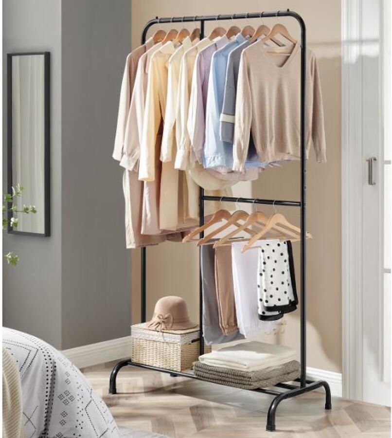 Songmics Kledingrek kledingstang tot 100 kg belastbaar met verstelbare stang voor slaapkamer woonkamer hal zwart