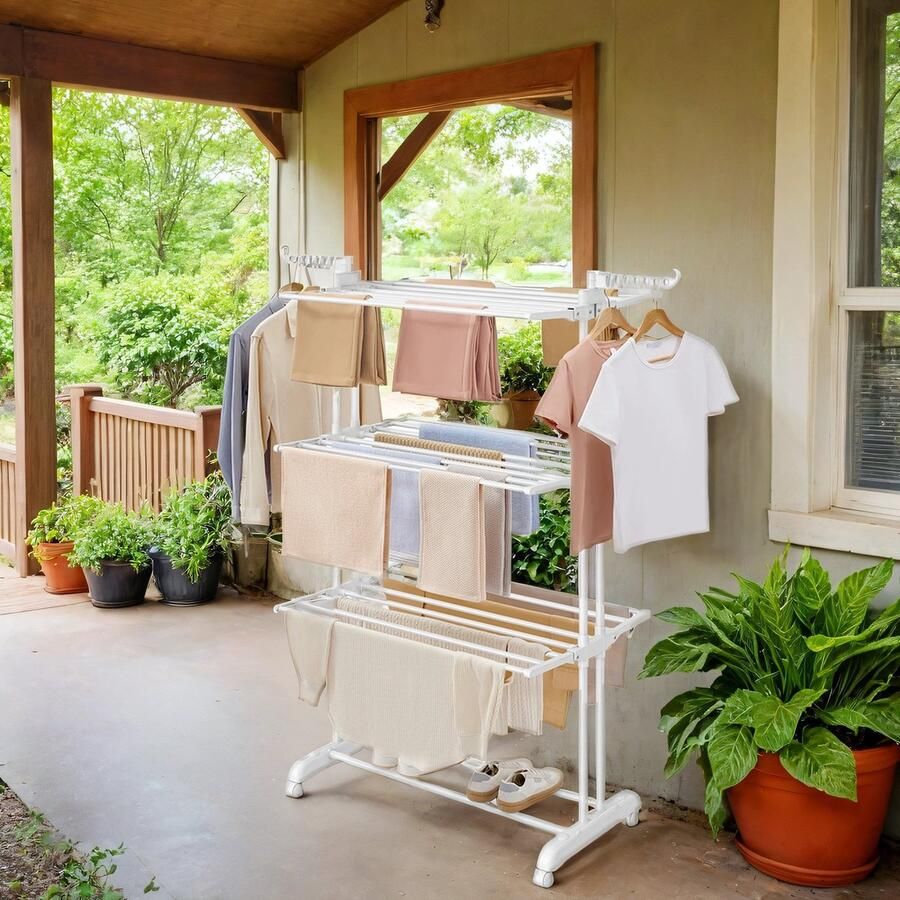 Songmics Kledingrek – Droger – 4 Niveaus – Vleugelkledingrek – Met Wielen