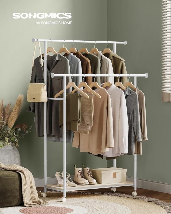 Songmics Kledingrek met wielen kapstok met plank dubbele hanger breedte 98 5 cm totale capaciteit 100 kg stalen structuur natuurlijk beige en wolkenwit HSR152W01