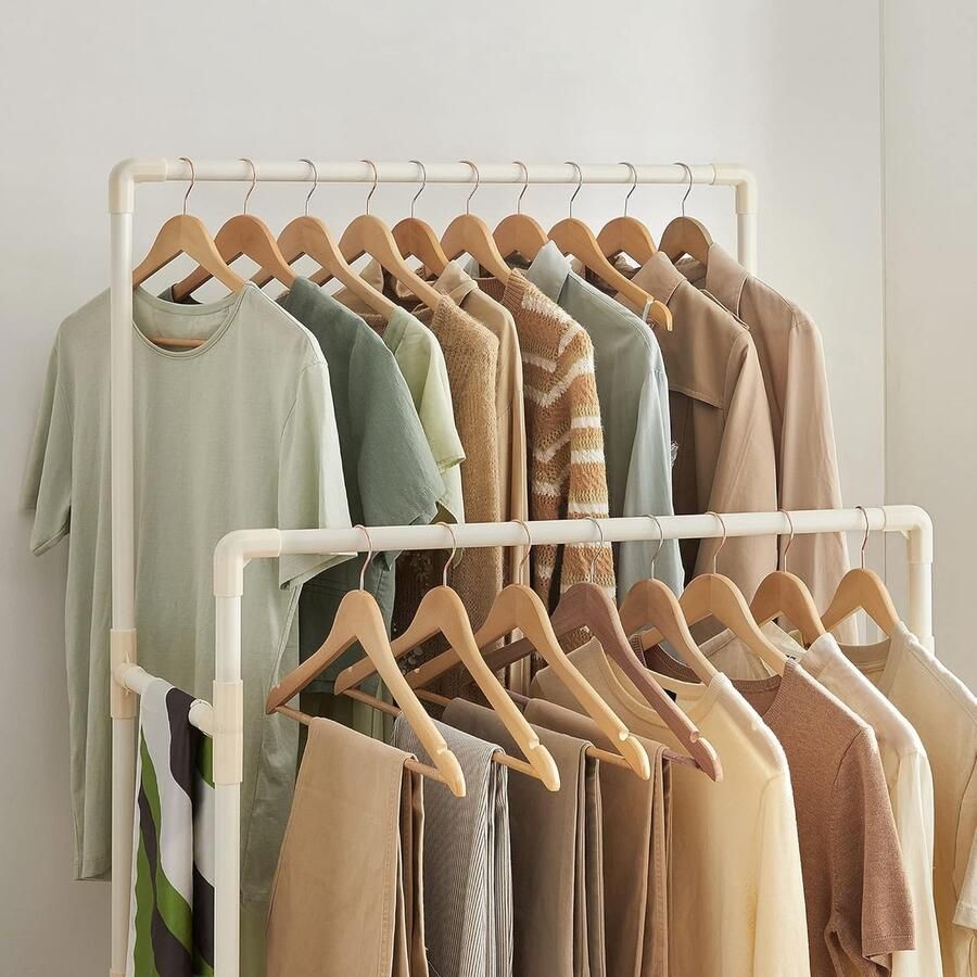 ‎SONGMICS Kledingrek metalen standaard met 2 hangende rails en opbergplank max. belasting 55 kg eenvoudige montage creme wit