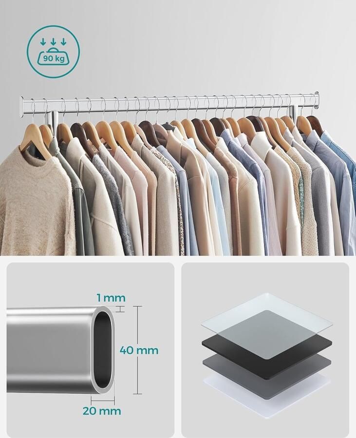 Songmics Kledingrek op wielen kapstok kledingrek draagvermogen 45 kg metalen stang rek met 2 stangen opvouwbaar onderdeel voor slaapkamer zilver