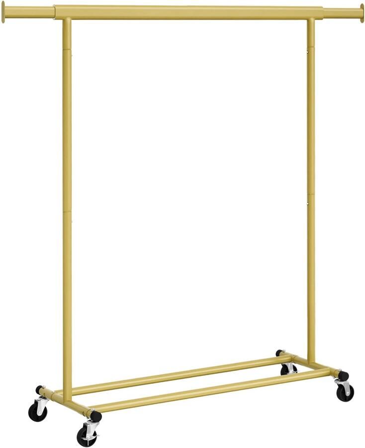 Songmics Kledingrek op wielen robuust kledingrek met uitschuifbaar kledingrek draagvermogen van 90 kg eenvoudige montage draagbaar lichtgoud