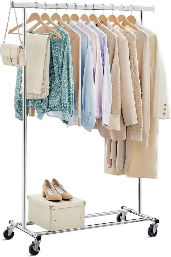 Songmics Kledingrek op wieltjes kapstok kledingrek draagvermogen 45 kg metalen stang rek met 2 stangen opvouwbaar onderdeel voor slaapkamer zilver