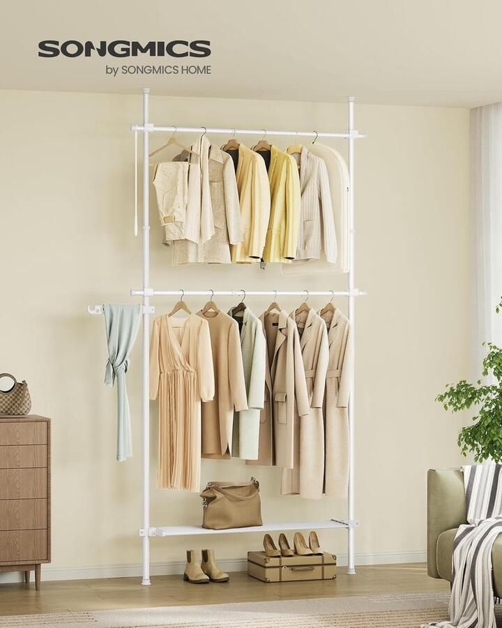 Songmics Kledingrek van vloer tot plafond 3-laags kledingrek in hoogte en lengte verstelbare kledingstang 1-rijige garderobekastorganizer met 2 stangen en 1 plank reikstang matwit