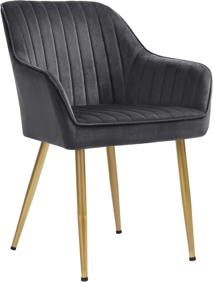 Songmics LDC077G01 Eetkamerstoel Lounge stoel met armleuning – Fluwelen zitting zithoogte 49 cm draagvermogen 110 kg metalen poten – Voor eetkamer of keuken – Grijs Goud