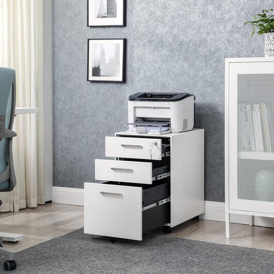 ‎SONGMICS Mobiele basis afsluitbare archiefkast met laden kantoorkast met wielen voor dossiers en documenten met hangmappensysteem voor kantoor studeerkamer gemaakt van staal wit OFC010W01