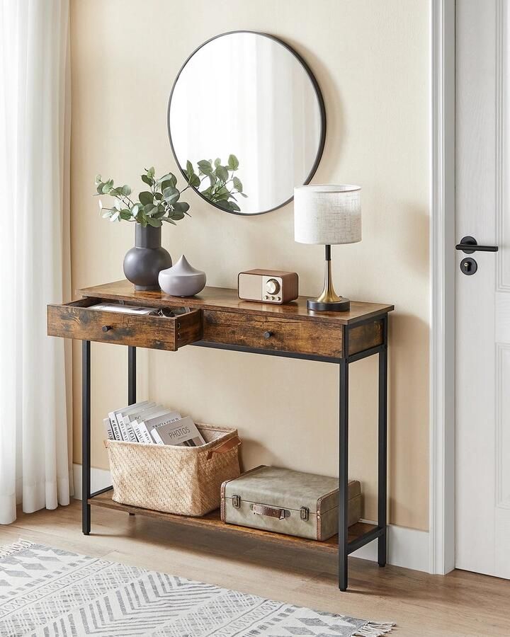 Songmics Multifunctioneel Stijlvol Gangtafel Bijzettafel Banktafel Dressoir met 2 Laden Consoletafel Massief Houtspaanplaat & Staal & Stevig & Duurzaam 100x30x80 cm 16.2kg Verstelbare Voeten Goede Stabiliteit Rustieke Stijl Huis & Kantoor Deco Hal Tafel