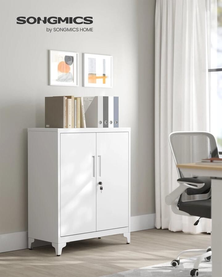 Songmics Multifunctionele Archief Kast van Staal met Sloten- Kantoorkast- Kast Afsluitbaar Opbergkast- Werkkamer- Dossierkast Kantoor 40D x 80B x 90H cm Wit Garderobekast & 2 Deuren- Bestanden- Max. Statische Laadcapaciteit per Verstelbare Plank: 25 kg - Foto 2