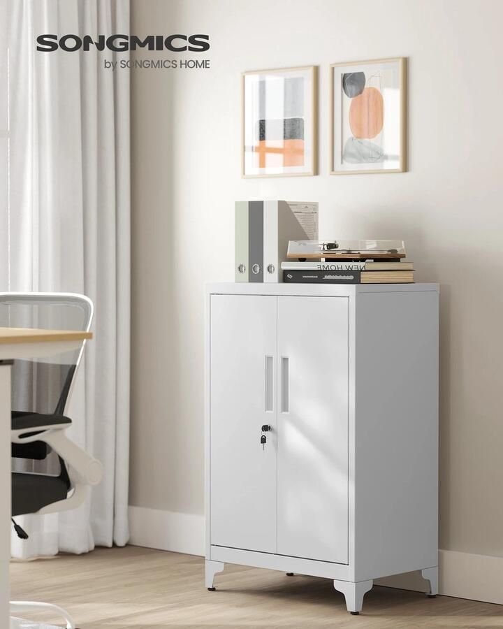 Songmics Multifunctionele Archief Kast van Staal met Sloten- Kantoorkast- Kast Afsluitbaar Opbergkast- Werkkamer- Dossierkast Kantoor 40D x 80B x 90H cm Wit Garderobekast & 2 Deuren- Bestanden- Max. Statische Laadcapaciteit per Verstelbare Plank: 25 kg