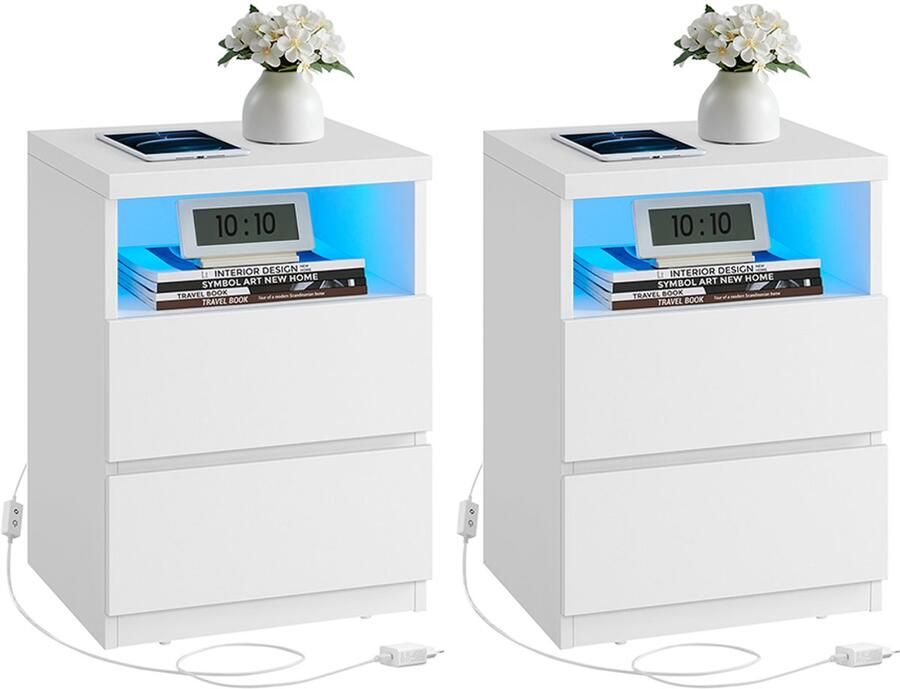 Songmics Nachtkastje – Set van 2 – Met Verstelbare LED-Verlichting – Wolkwit – Set