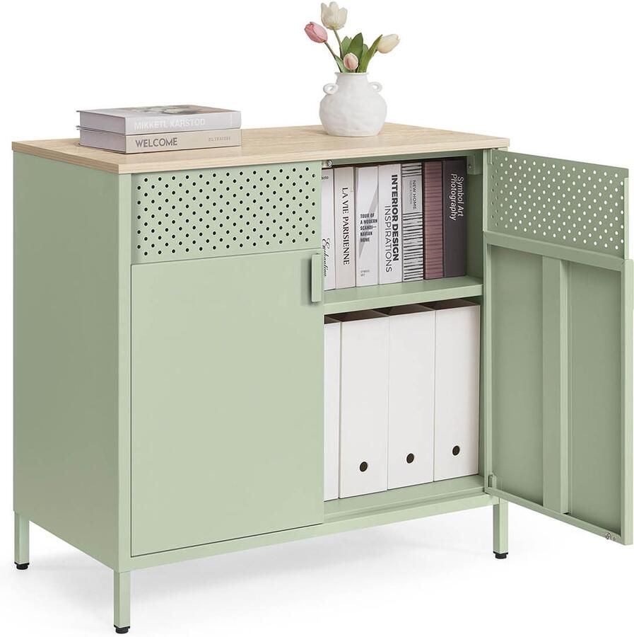 Songmics Opbergkast – 40 x 80 x 76 cm – Lauriergroen – Natuurlijke Eikenkleur – Stijlvolle Kast