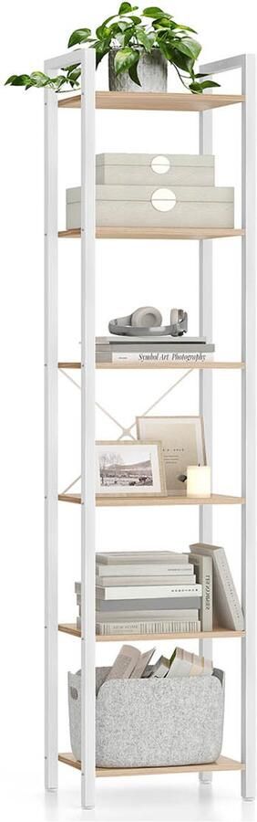 Songmics Plank – Met 6 Niveaus – 30 x 40 x 186 cm – Naturel Beige – Mat Wit – Hoge Boekenkast