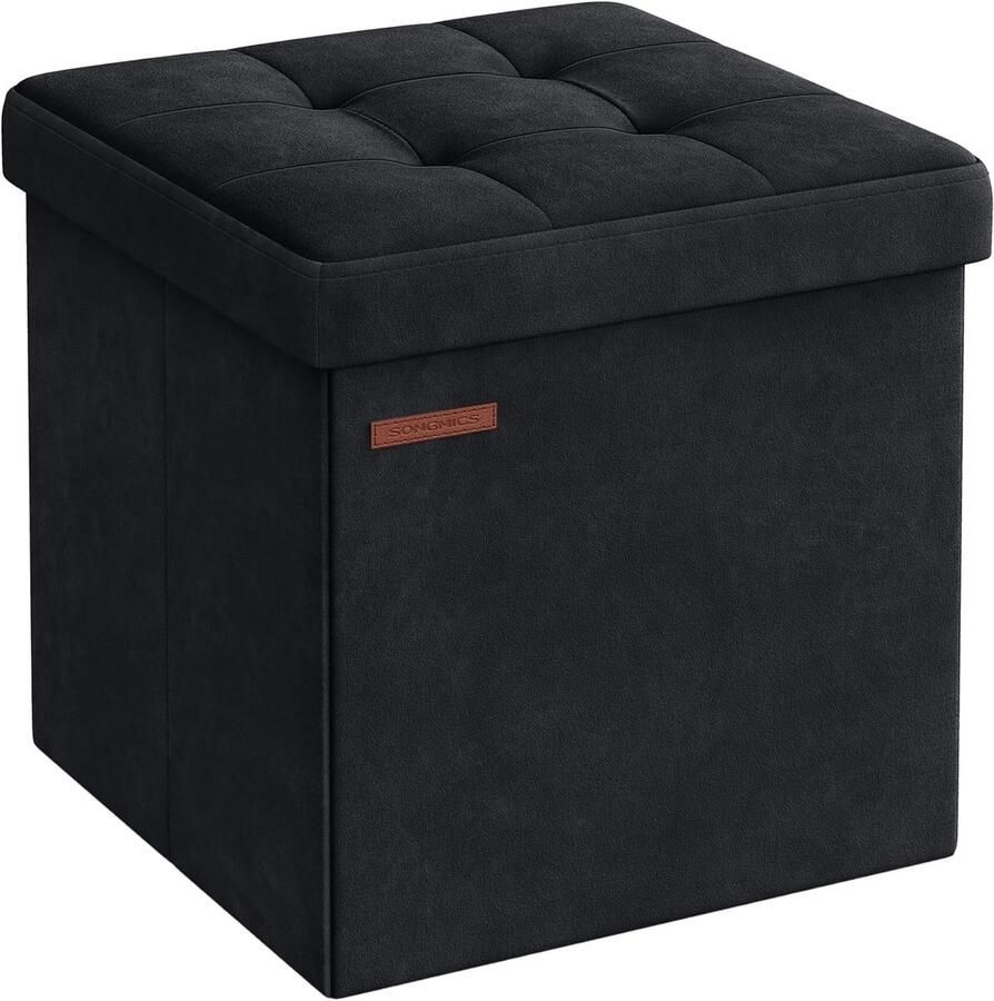 Songmics Poef met opbergruimte kleine inklapbare zitbank 38 x 38 cm voetenbank opbergdoos tot 300 kg belastbaar voor woonkamer slaapkamer slaapzaal inktzwart