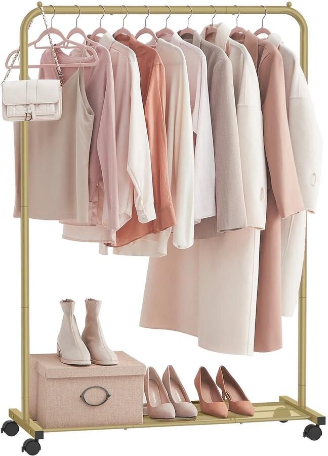 Songmics RoyaLuxe Goud Kledingrek Op wieltjes Kledingroller Kledingrek Kledinghangers Kledingrekken Kledingrek Metaal Rek Wandkapstok Kledingrek Wand Kleding