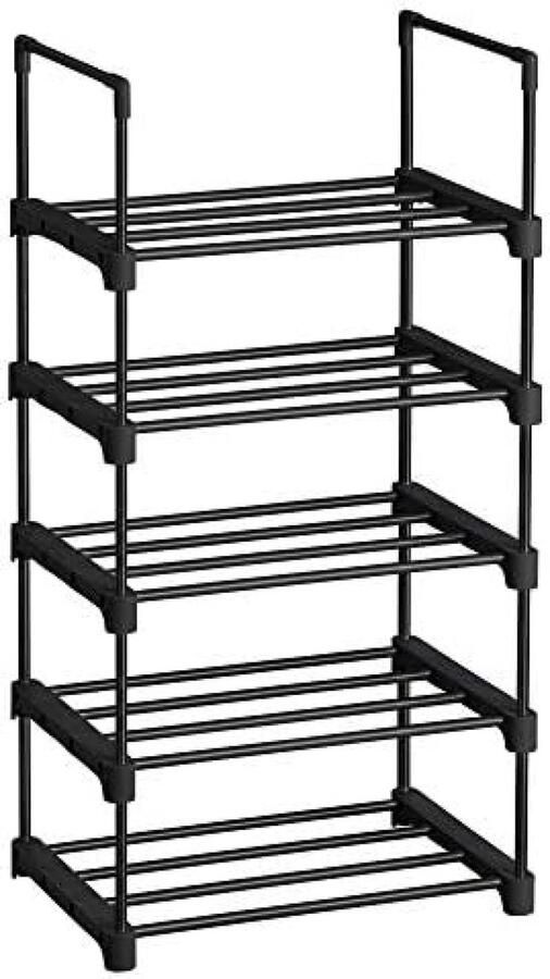 Songmics Ruimtebesparend Schoenenrek met 5 Niveaus metalen schoenenrek stapelbaar ruimtebesparend schoenenrek multifunctioneel staande plank voor hal slaapkamer woonkamer zwart