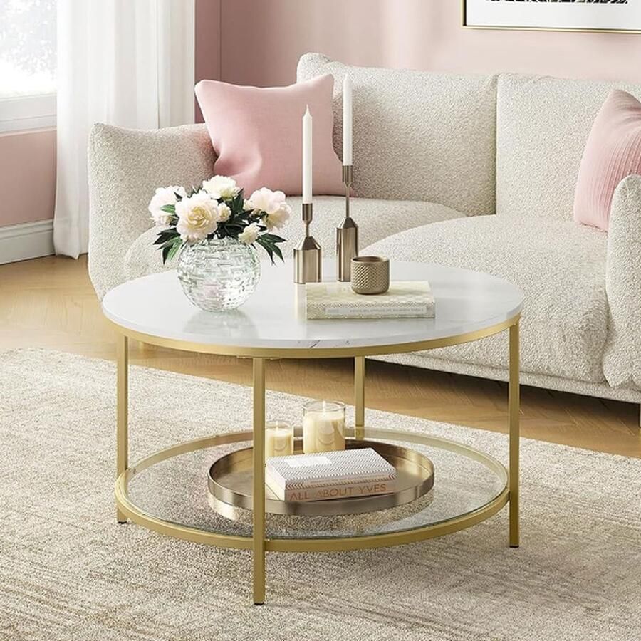 Songmics Salontafel cocktailtafel van imitatiemarmer rond opbergplank van gehard glas eenvoudig te monteren moderne stijl voor woonkamer marmerwit en metallic goud