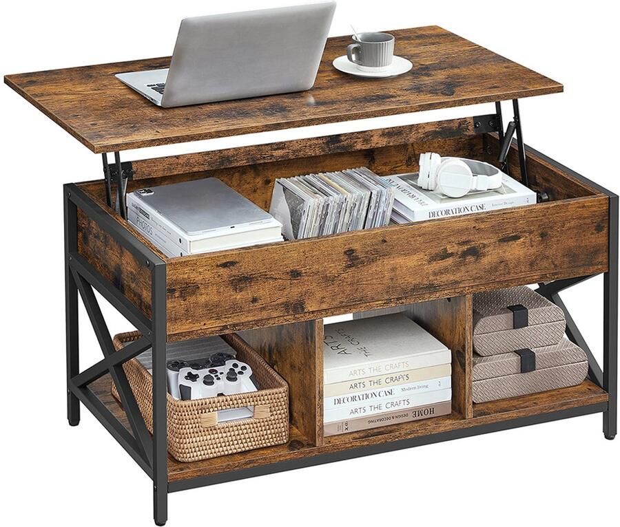 Songmics Salontafel – In Hoogte Verstelbaar – Met Open Vakken – Vintage Bruin-Zwart