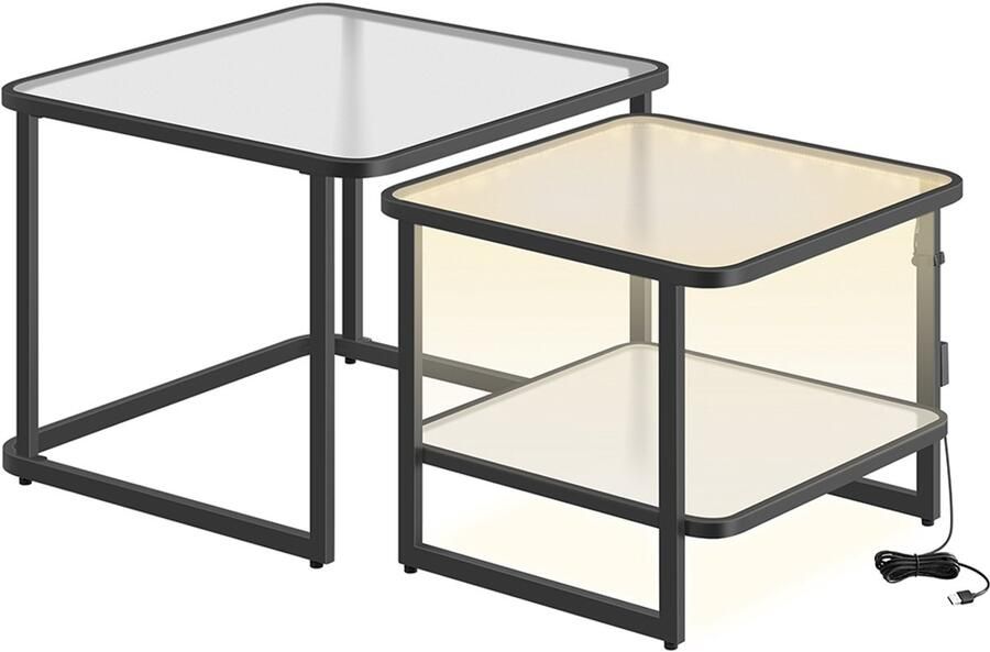 Songmics Salontafel Set van 2 met LED-Verlichting Wolk Wit-Inktzwart