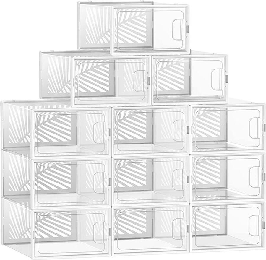 Songmics Schoenendozen 12-delige set Schoenenopbergbox Schoenenorganizer Opvouwbaar en stapelbaar voor schoenen tot Sportschoenen Hoge hakken Platte schoenen Transparant-zwart LSP106B18