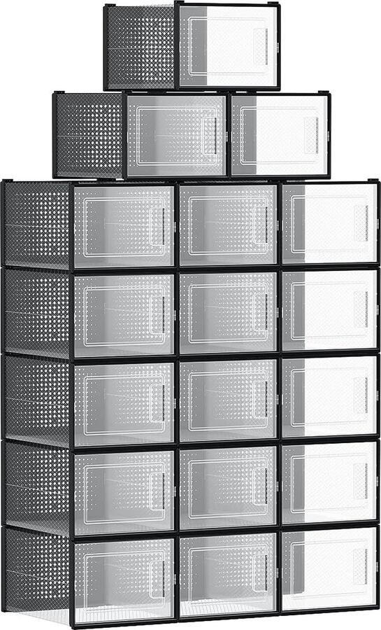 Songmics Schoenendozen 18-delige set Schoenenopbergdozen Schoenenorganizer Kunststof dozen Opvouwbaar en stapelbaar Voor schoenen tot Zwart LSP007H18