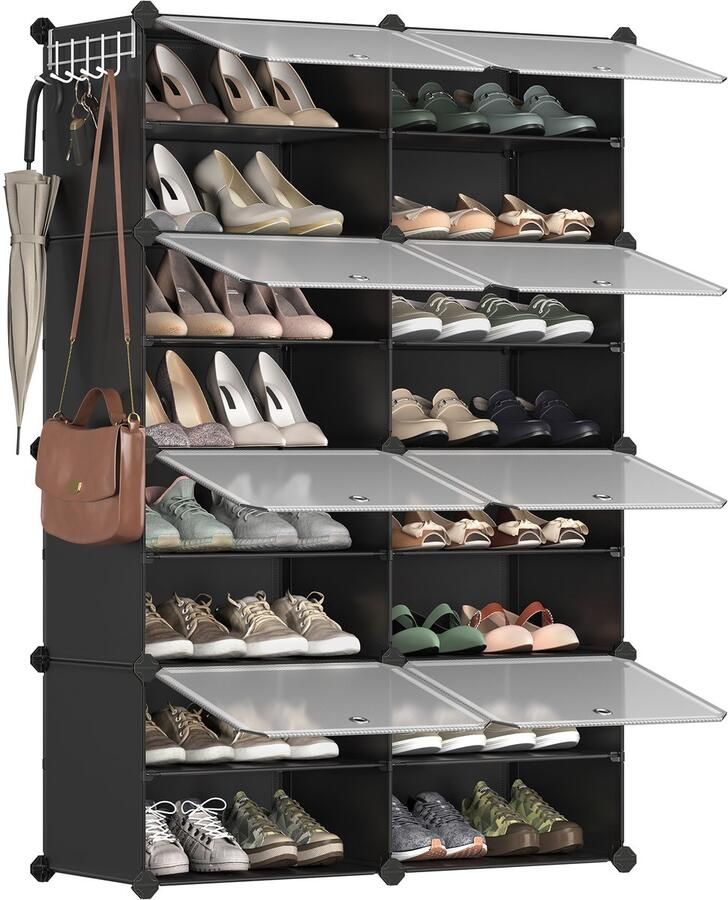 Songmics Schuhopberg met 8 vakken Schoenenkast 30 x 40 x 30 cm per vak smal met deuren Stalen frame Kunststof voor Hal Slaapkamer Entree zwart LPC034B01 - Foto 3