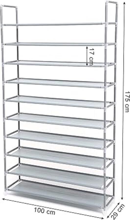 Schoenenrek met 10 niveaus schoenenopslag organizer voor maximaal 50 paar schoenen voor woonkamer kleedkamer en hal vliesstof 100 x 29 x 175 cm grijs LSR10G - Foto 2