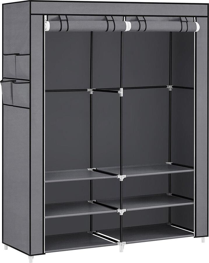 Songmics Stoffen kledingkast 45 x 127 x 176 cm 2 hangvakken met legplanken 4 zijvakken veel ruimte voor slaapkamer woonkamer grijs