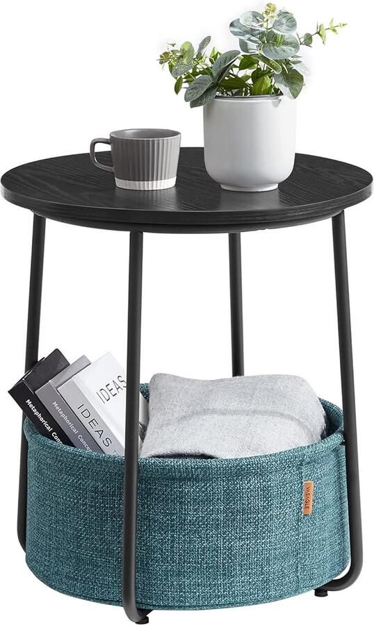 ‎SONGMICS VASAGLE Bijzettafel Rond Kleine Tafel Salontafel Klein Woonkamertafel met Stoffen Mand Opbergruimte voor Woonkamer Slaapkamer Nachtkastje Modern Zwart Houtlook-Donker Turquoise LET223B56