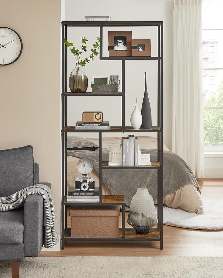 ‎SONGMICS VASAGLE Boekenkast 6-laags boekenkast geometrische displayplank staande opbergplank 30x80x180cm voor studeerkamer kantoor woonkamer slaapkamer keuken rustiek bruin en zwart LLS119B01