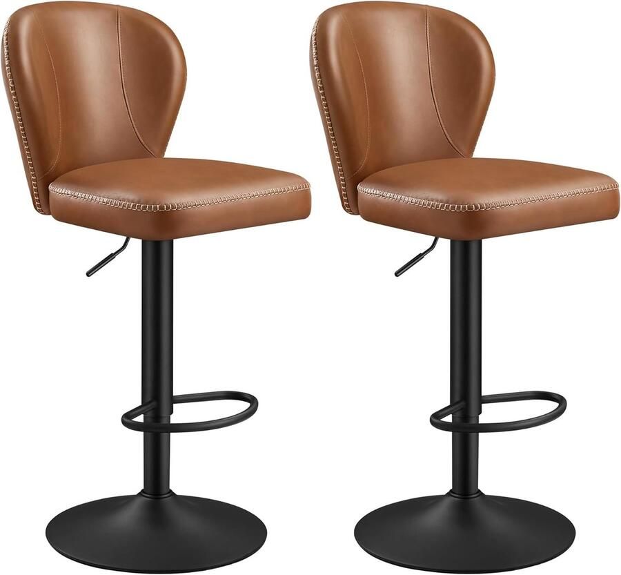 Songmics VASAGLE EKHO Collectie 360° draaibare barkrukken set van 2 in hoogte verstelbare barkrukken met rugleuning kunstleer stiksels keuken thuisbar eenvoudige montage karamelbruin LJB097K01