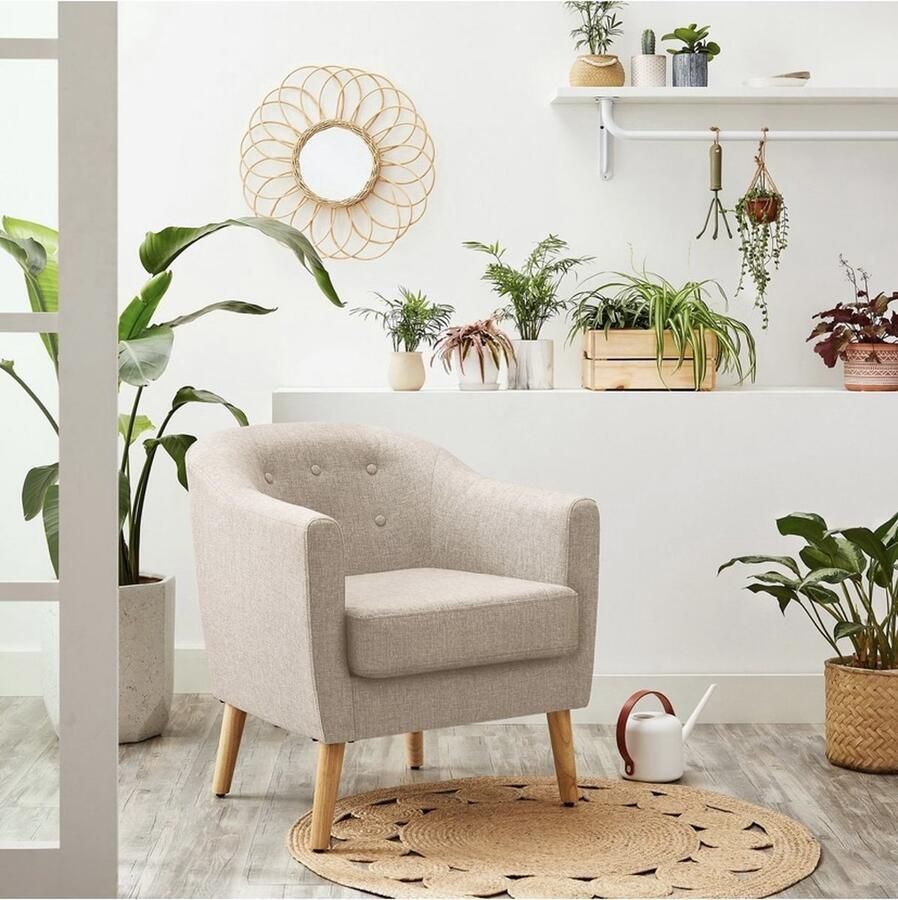 Songmics VASAGLE fauteuil met gestoffeerd kussen massief houten poten modern stoel voor woonkamer eetkamer logeerkamer studeerkamer BEIGE