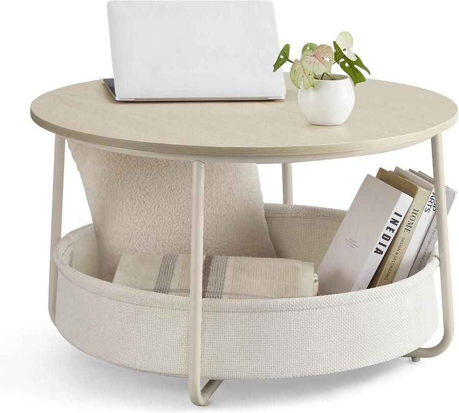 Songmics VASAGLE LCT244K01 Round Coffee Table with Storage Space Side Table Living Room Table with Fabric Basket Modern Metal Frame Natural Beige Cream White