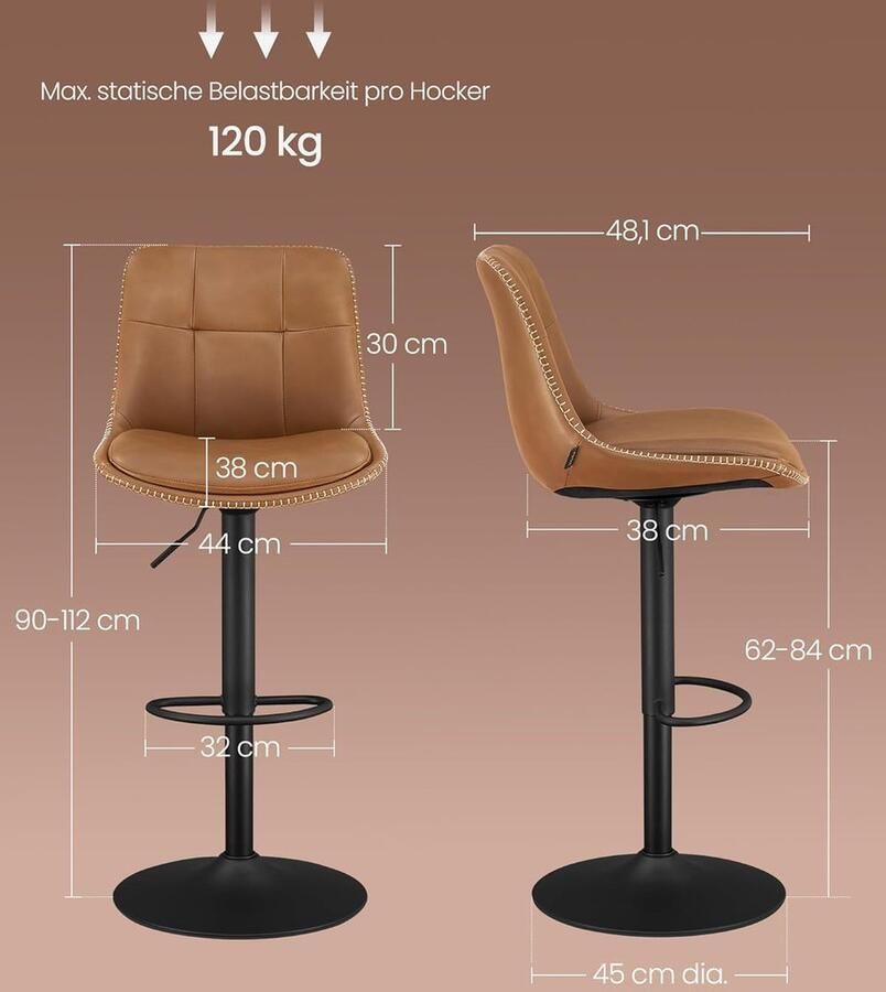 ‎SONGMICS VASAGLE LJB095K01 Barkrukken Set van 2 Barstoelen In hoogte verstelbare draaibare keukenstoelen Gewatteerde PU-hoes met rugleuning en voetenbank Eettafelblad Staal Karamelbruin